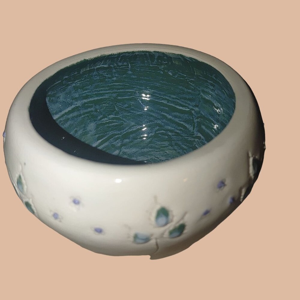 Ceramic Pottery Bowl Planter Floral Leaves Teal Trinket Signed CM